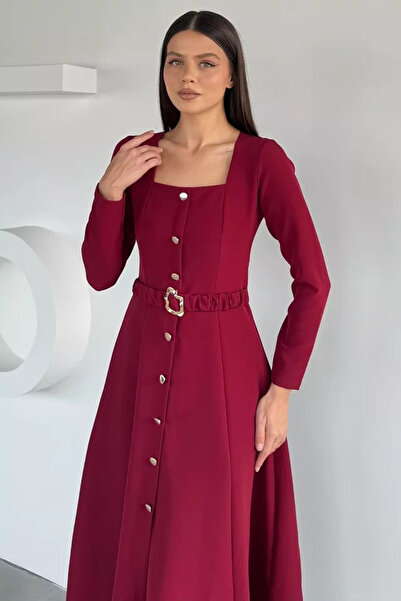 TOZLU Women's Square Collar Dress with Gold Buckle and Waist Belt Detail