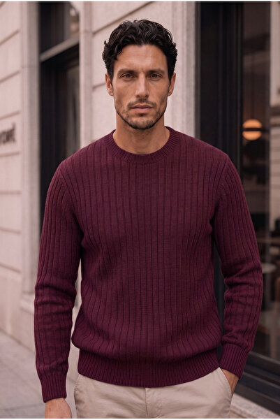 Valiberta Ashton Ribbed Crew Neck Men's Knitwear Sweater - Burgundy