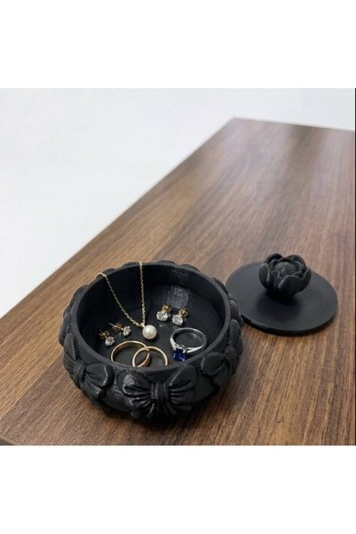 nesebutik Black Bow Jewelry Box-With Lid Ring Earring Organizer Desktop Box