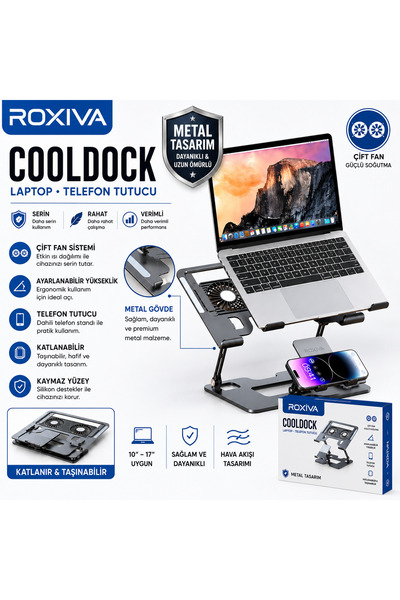 ROXİVA CoolDock Çift Fanlı Metal Laptop Standı ve Telefon Tutucu – Ayarlanabi...