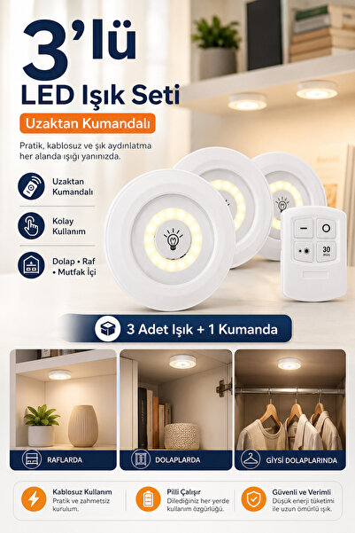 ALL FAST 3’lü Uzaktan Kumandalı LED Spot Işık Seti Dolap Raf Mutfak İçi Kablo...