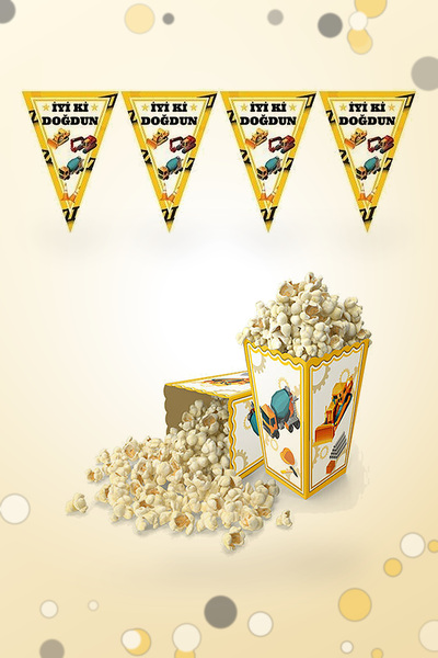 Işıltı Balon Dükkanı Construction Themed Birthday Set Triangle Banner and 8-P...