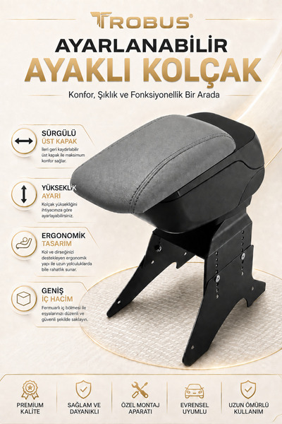 TROBUS Chevrolet Kalos 2002-2008 Uyumlu Gri Ayaklı Sürgülü Kolçak Ayarlanabil...