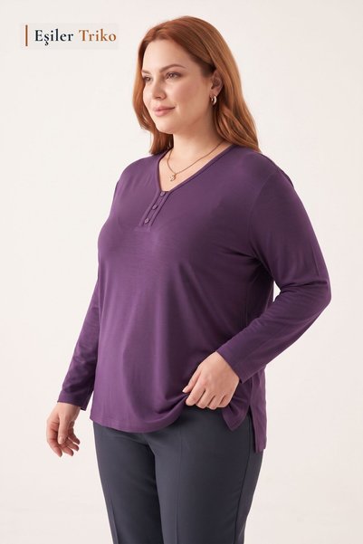 Eşiler Triko Women's Plus Size V-Neck 3 Button Classic Mom Combed Cotton Blouse