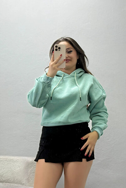 BELENDİR Women's 3 Thread Hooded Crop Sweatshirt Çağla