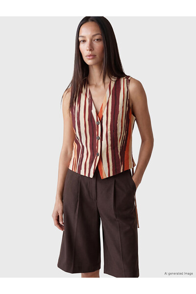 LC Waikiki Özmarka New Season Burgundy V-Neck Striped Women's Vest