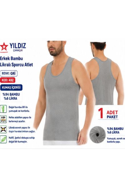 Yıldız Çamaşır Men's Bamboo Sports Lycra Undershirt (490-491-492)- 1 Piece