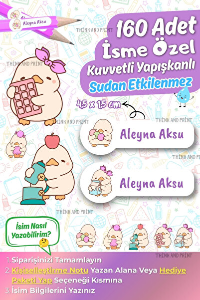 Think And Print Kişiye Özel Okul Etiketi İsimli Kalem Defter Suluk Etiket Day...