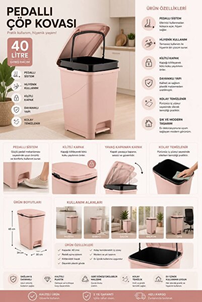 E-LİFE HOME Pedallı İç Kovalı Çöp Kovası 40 Litre PEMBE