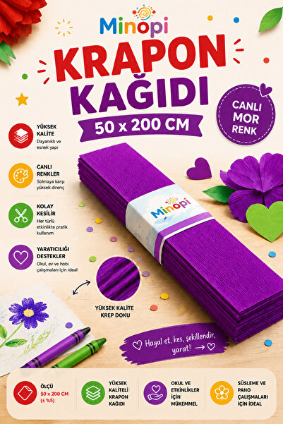 Minopi Mor Krapon Kağıdı 10'lu Paket Renkli El İşi Kağıdı Okul Anaokulu Süsleme