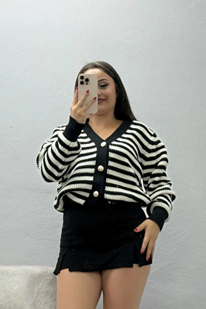 BELENDİR Women's V-Neck Striped Cardigan Black-Cru