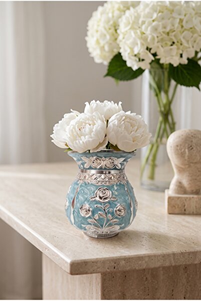 RASHA COLLECTION Gümüş Kaplama Rose Desenli Turkuaz Dekoratif Vazo