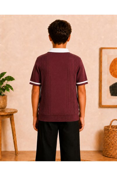 DECODASS 7-15 Years Old Boys' Polo Collar Half Zipper Self-Patterned Short Sleeve Knitwear T-Shirt