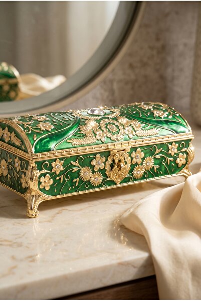 RASHA COLLECTION Vintage Green Jewelry Box with Gold Color Detail, Large Size