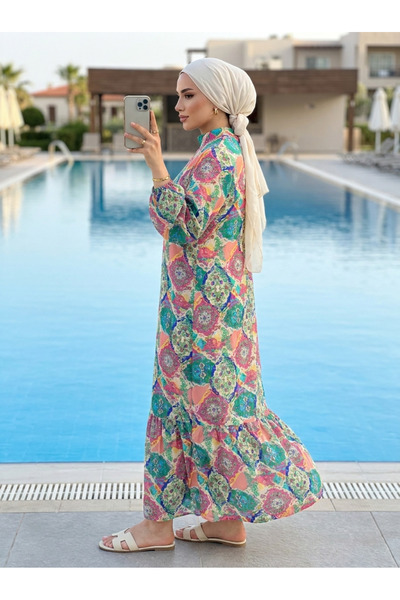 Kirazca Butik Women's Viscose Patterned Comfortable Fit Hijab Dress