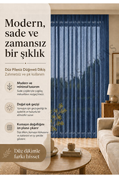 FİENS Lacivert Lüks Keten File Tül Perde - Pilesiz, Düz Dikim Kornişli - Ütü İstemez Ağır Gamajlı Kedi Dostu