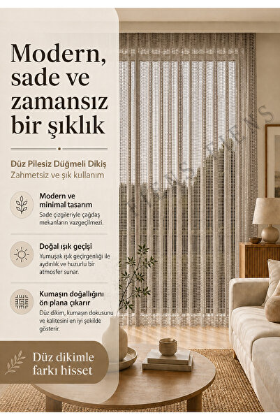 FİENS Vizon Lüks Keten File Tül Perde - Pilesiz, Düz Dikim Kornişli - Ütü İstemez Ağır Gamajlı Kedi Dostu