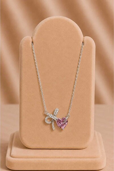 mdm style Silver Necklace with Heart Figure and Pink Stone Detail
