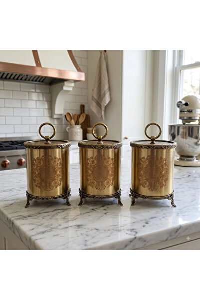 MaviDamla 3 LÜ GRAVÜR DESENLİ AYAKLI METAL KAVANOZ & BAHARATLIK SETİ ( ŞEKERL...