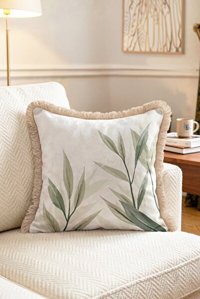 IdeCraft Elegant Olive Branch Patterned Fringed Cushion Cover Sage Green Bota...