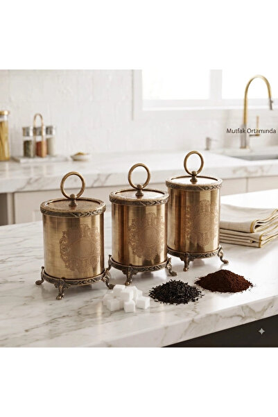 MaviDamla 3-Piece Engraved Patterned Metal Jar & Spice Container Set (Sugar Bowl/Sweeteners) Bronze