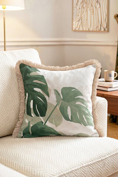 IdeCraft Tropical Monstera Leaf Patterned Fringed Throw Pillow Cover Green Bo...