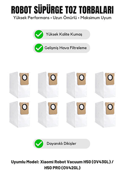 Asgard Grup Xiaomi Vacuum H50 (OV43GL) / H50 PRO (OV42GL) ile Uyumlu 8'li Toz Torbası