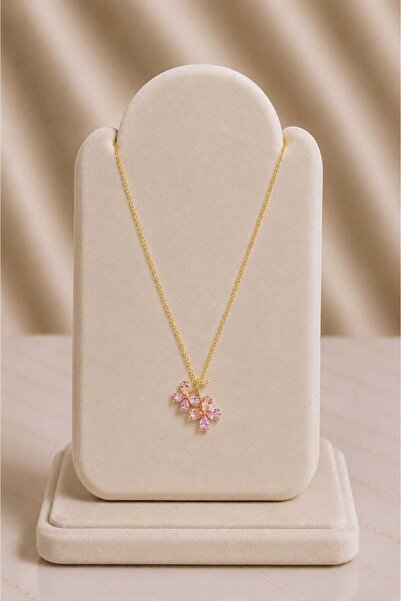mdm style Pink Flower Figured Stone Steel Necklace