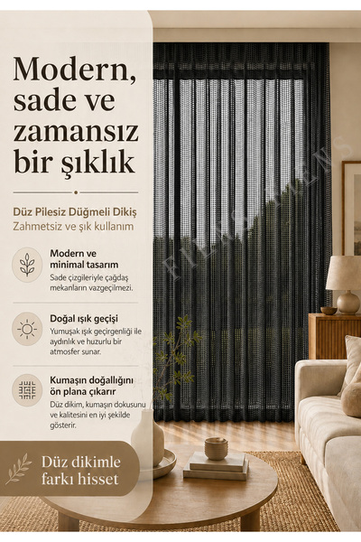 FİENS Siyah Lüks Keten File Tül Perde - Pilesiz, Düz Dikim Kornişli - Ütü İstemez Ağır Gamajlı Kedi Dostu