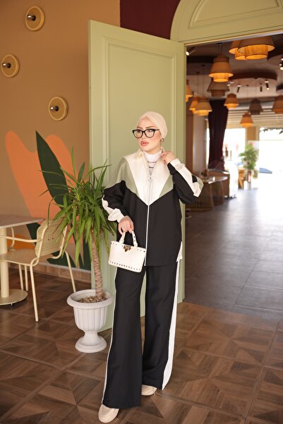 MİMİ Luxury Wear Women's Hijab 3-Color Block Zippered Tracksuit Set Comfortab...