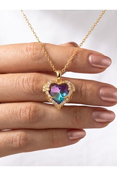 deryora Women's Heart Necklace with Color Gradient Purple Pink Turquoise Ston...