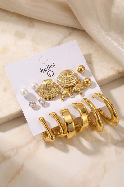 Lisinya Metallic Finish Gold Color Sea Shell Detailed Ccb 9 Pair Women's Earr...