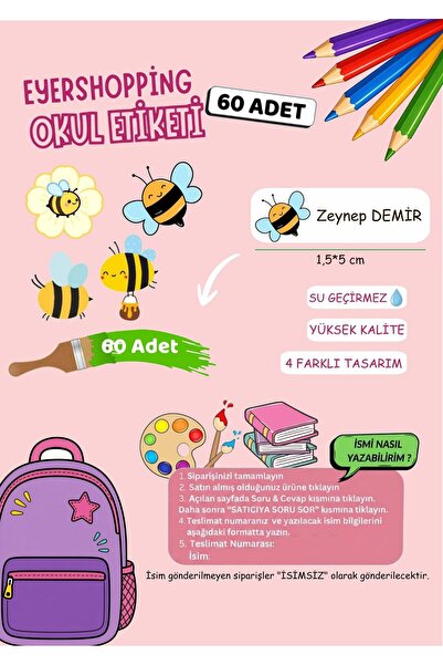 EyER Shoping İsme Özel Su Geçirmez Arı Temalı Okul Etiketi Sticker Kişiye Öze...