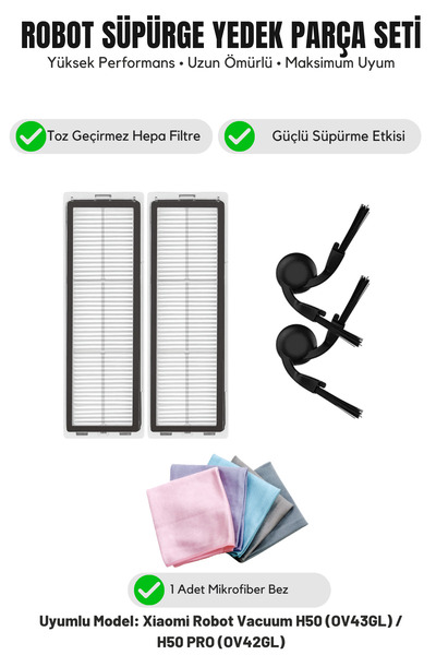 Asgard Grup Xiaomi Vacuum H50 (OV43GL) / H50 PRO (OV42GL) ile Uyumlu 2 Yan Fırça 2 Filtre 1 Temizlik Bezi