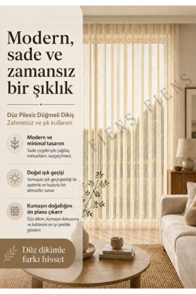 FİENS Krem Lüks Keten File Tül Perde - Pilesiz, Düz Dikim Kornişli - Ütü İstemez Ağır Gamajlı Kedi Dostu