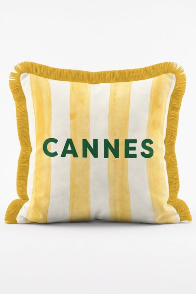 IdeCraft Cannes Written Yellow Striped Fringed Throw Pillow Cover Sun-Themed ...