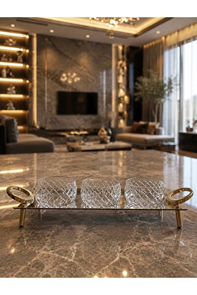 HOME SET 3’lü Kristal Kesme Kase & Paslanmaz Gold Sunum Tepsisi | Reçellik Çe...