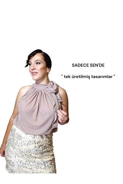 SADECE SEN DE Tasarım payetli mini etek/krem rengi/beli lastikli