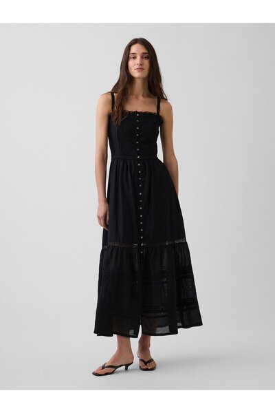 GAP Kadın Siyah Eyelet Tiered Maxi Elbise