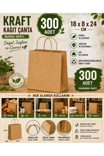 Genel Markalar Kraft Kağıt Çanta Burgu Saplı 18 x 8 x 24 cm 300 Adet