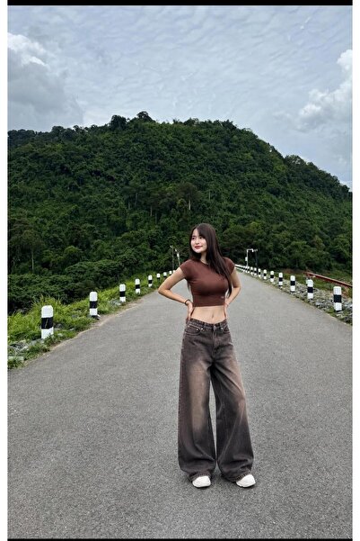 eyonnwear Kadın Kahve Tonları Salaş Geniş Paça Wide Leg Vintage Kot Pantolon