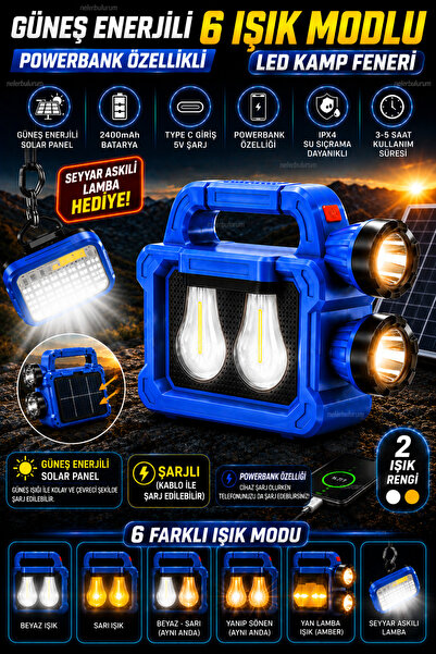 nelerbulurum Güneş Enerjili Şarjlı 6 Işık Modlu 2400 mAh Powerbank Özellikli Type-C LED Işıldak + Seyyar Lamba Hediye Ampul Kamp Lambası El Feneri Solar Aydınlatma Bahçe Aydınlatma