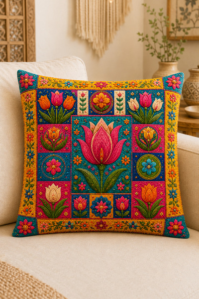 ayshome textile 3 BOYUTLU DİJİTAL BASKI Lale Maksimalist Desen 4'Lü Kırlent Kılıfı Seti 43x43