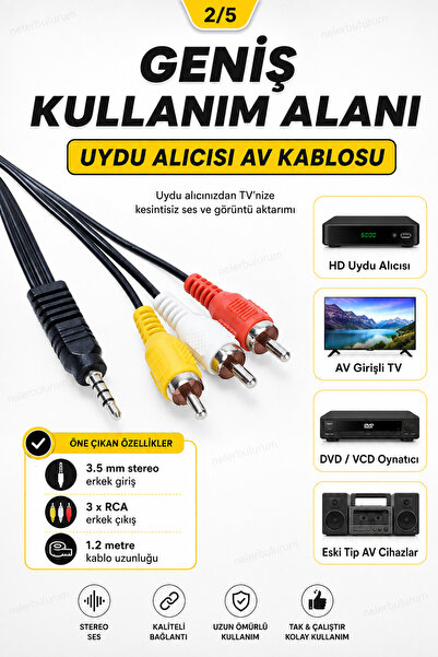 nelerbulurum Yüksek Kaliteli 3.5 mm AV Jack – 3 RCA Ses Kablosu 1.2 Metre | Atari Uydu Alıcısı, TV, DVD ve Medya Oynatıcı Uyumlu