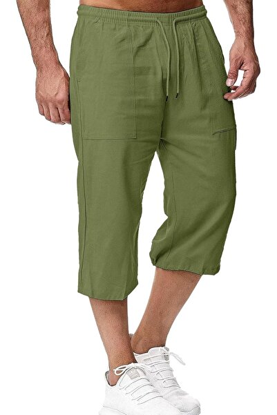 LVCBL Men's Casual Linen Summer Beach Yoga Capri Pants Shorts with Pockets Lvcpl