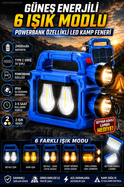 nelerbulurum Güneş Enerjili Şarjlı 6 Işık Modlu 2400 mAh Powerbank Özellikli Type-C LED Işıldak + Seyyar Lamba Hediye Ampul Kamp Lambası El Feneri Solar Aydınlatma Bahçe Aydınlatma