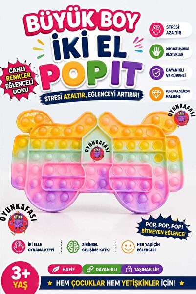 OYUNKAFASI Büyük Boy İki El Pop It Stres Oyuncağı – Renkli Gökkuşağı Push Pop...