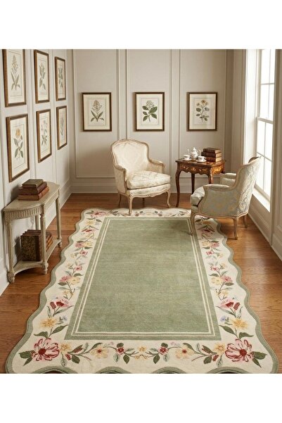 Estetik Adaçayı Yeşili Krem Vintage Bordürlü Yıkanabilir Dijital Baskı Halı