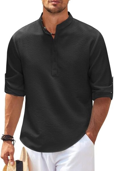 WILLIAMCARDIN Cotton Linen Casual Shirt for Men Long Sleeves Henley Collar Su...