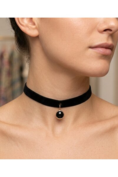 Nishstyle Siyah Taş Uçlu 1 cm Siyah Kadife Choker